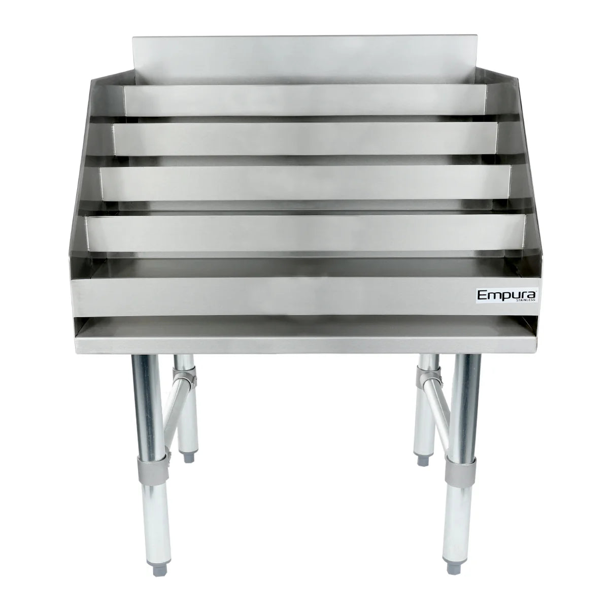 A stainless steel liquor display stand with five angled tiers, elevated on sturdy metal legs. The front displays the brand name Empura. Ideal as an underbar liquor display, each tier is easily accessible from the front against a white background.