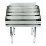 A stainless steel liquor display stand with five angled tiers, elevated on sturdy metal legs. The front displays the brand name Empura. Ideal as an underbar liquor display, each tier is easily accessible from the front against a white background.