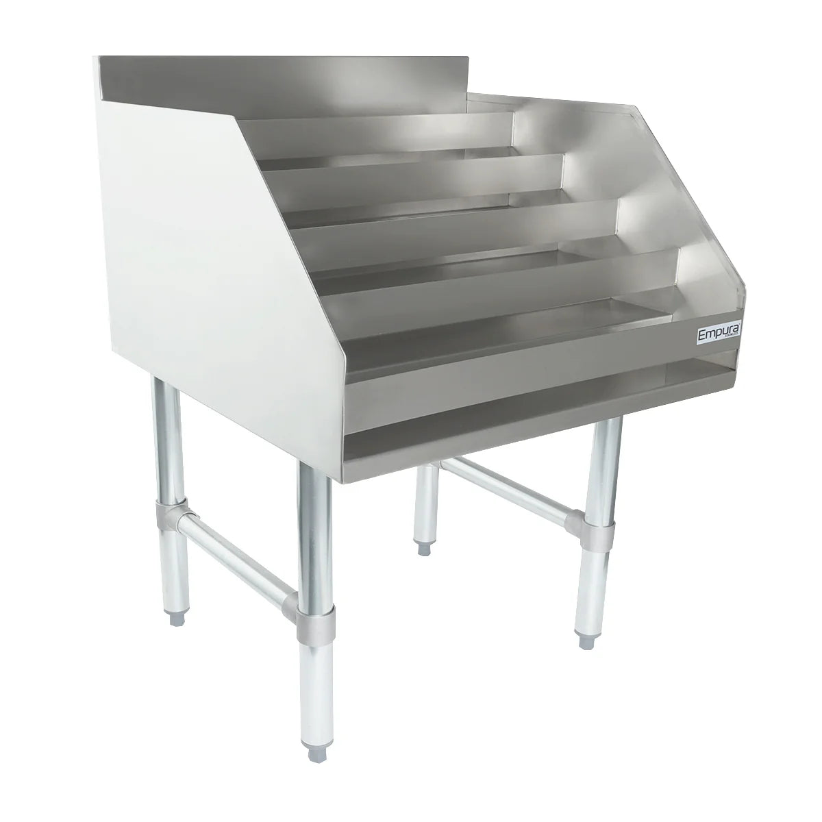 A stainless steel liquor display stand with five angled shelves, open front, and high sides for easy access. It stands on four sturdy legs with cross supports and adjustable feet, perfect as an underbar liquor display in industrial or kitchen settings.