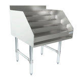A stainless steel liquor display stand with five angled shelves, open front, and high sides for easy access. It stands on four sturdy legs with cross supports and adjustable feet, perfect as an underbar liquor display in industrial or kitchen settings.