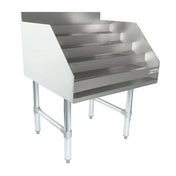 A stainless steel liquor display stand with five angled shelves, open front, and high sides for easy access. It stands on four sturdy legs with cross supports and adjustable feet, perfect as an underbar liquor display in industrial or kitchen settings.
