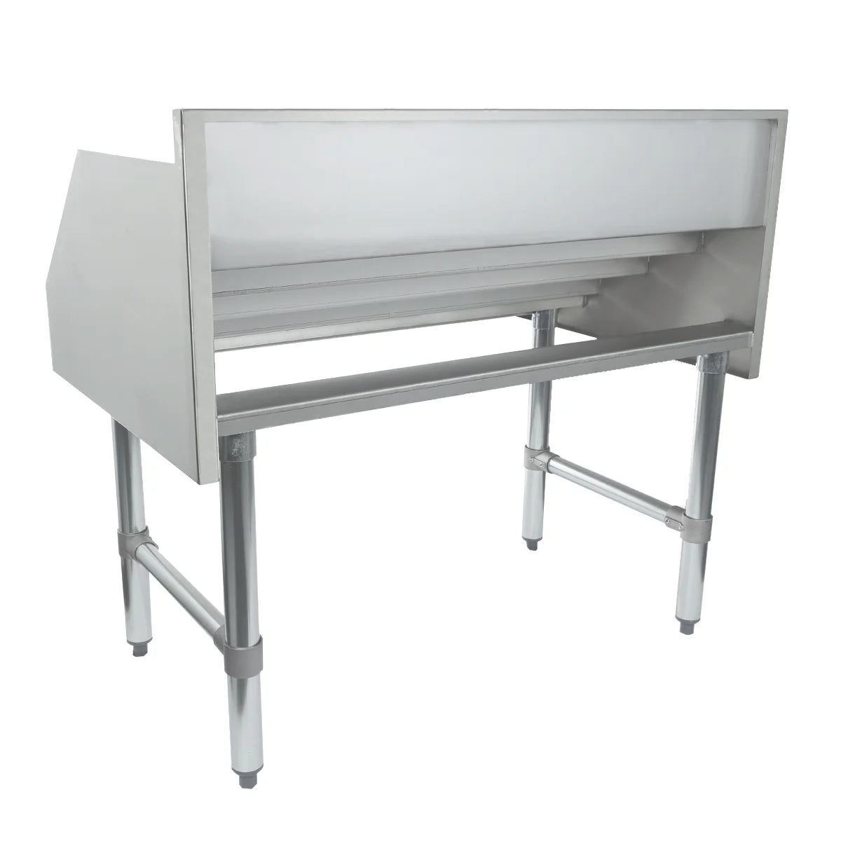 A stainless steel commercial kitchen table with NSF certification features a raised backsplash, open underside, and sturdy cylindrical legs. Back and sides are enclosed for protection; front and bottom stay open for easy access and cleaning.