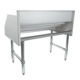 A stainless steel commercial kitchen table with NSF certification features a raised backsplash, open underside, and sturdy cylindrical legs. Back and sides are enclosed for protection; front and bottom stay open for easy access and cleaning.