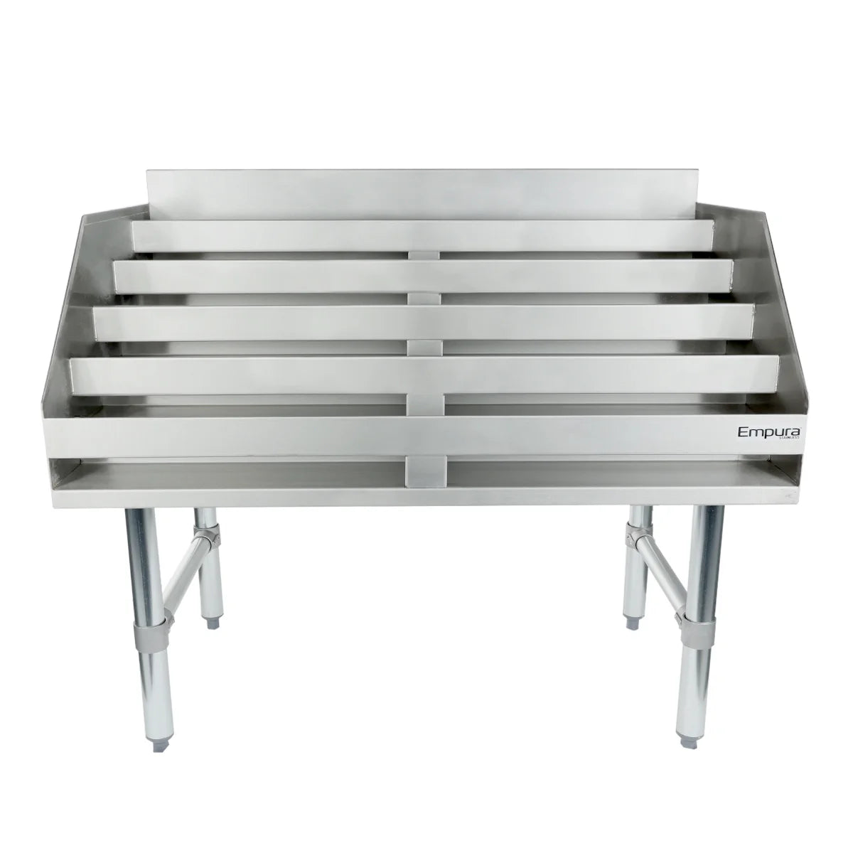 A stainless steel Underbar Liquor Display Stand with four horizontal slots for draining or organizing items, supported by four sturdy legs. NSF certified, with the Empura logo on the right front panel and slightly raised back and side edges.