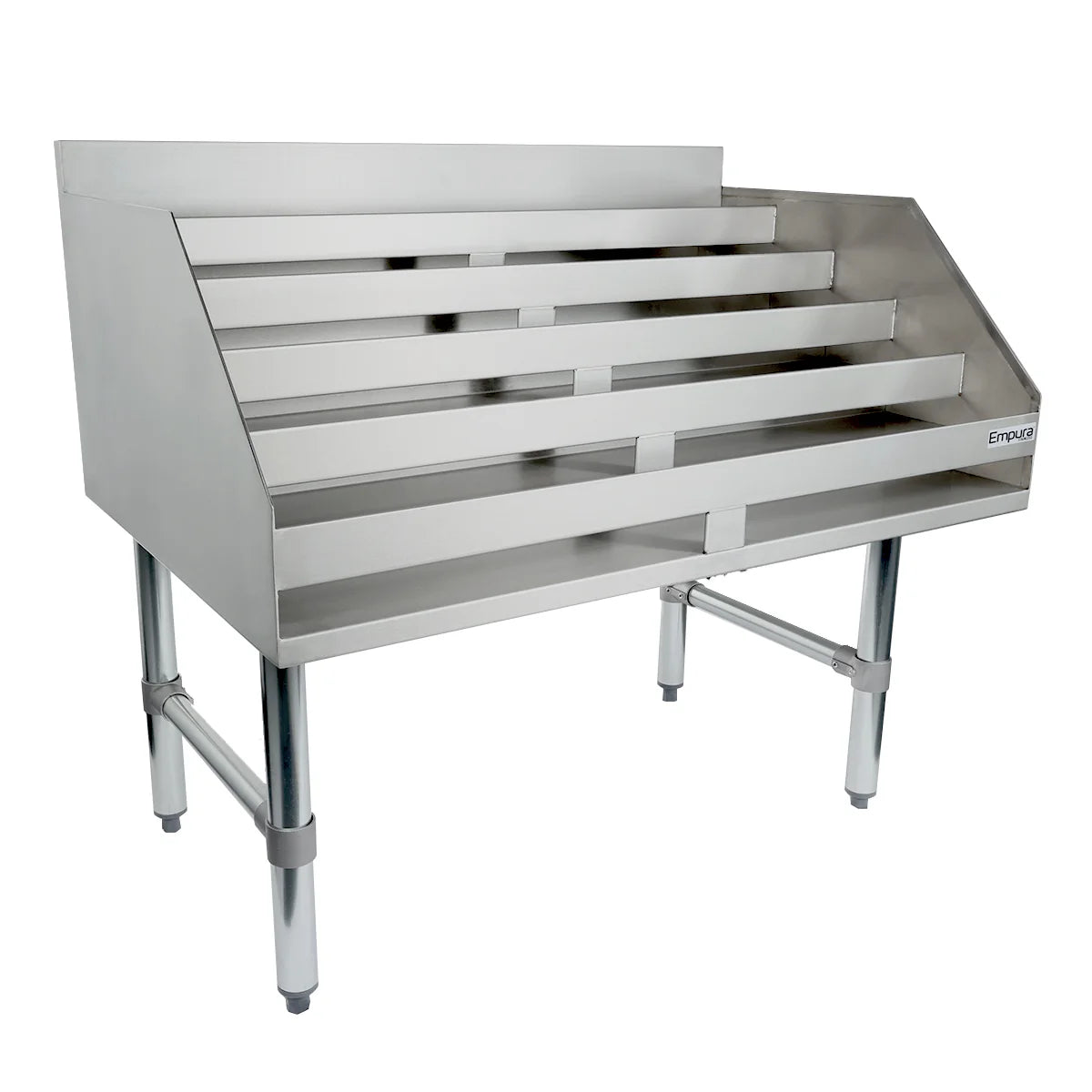 A stainless steel NSF slanted shelf unit with four tiered, angled shelves and a small back and side backsplash. Perfect as an underbar liquor display stand, it's ideal for organizing trays or pans in commercial kitchens.