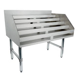 A stainless steel NSF slanted shelf unit with four tiered, angled shelves and a small back and side backsplash. Perfect as an underbar liquor display stand, it's ideal for organizing trays or pans in commercial kitchens.