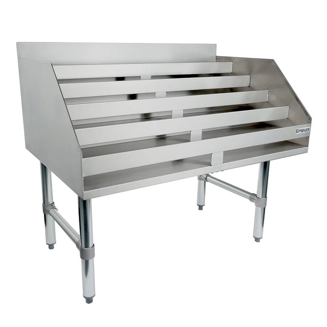 A stainless steel NSF slanted shelf unit with four tiered, angled shelves and a small back and side backsplash. Perfect as an underbar liquor display stand, it's ideal for organizing trays or pans in commercial kitchens.