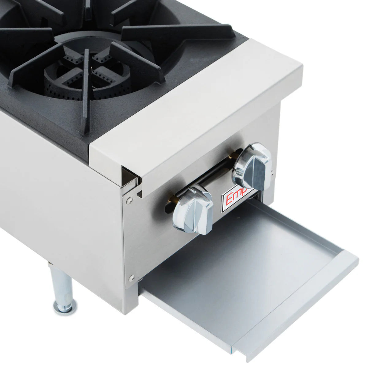 A close-up of a Heavy Duty Gas Hot Plate shows a stainless steel commercial Empura hot plate with a single black cast iron burner, two metallic control knobs, and a partially open pull-out drip tray. The unit stands on metal legs with a red and white “Empura” label.