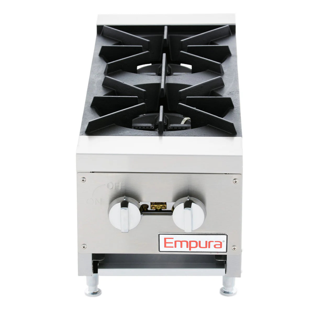 A heavy duty gas hot plate, this Empura hot plate features two black cast iron burners, dual control knobs, and stainless steel construction. The commercial countertop gas range stands on four adjustable legs against a white background.