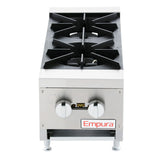 A heavy duty gas hot plate, this Empura hot plate features two black cast iron burners, dual control knobs, and stainless steel construction. The commercial countertop gas range stands on four adjustable legs against a white background.