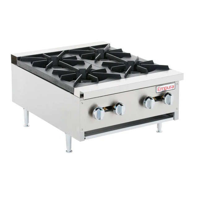 The Empura hot plate is a stainless steel commercial countertop gas stove featuring two large cast iron burners, four front control knobs, and stands on sturdy legs. This heavy duty gas hot plate displays the Empura brand name on the upper right corner.
