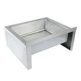 A rectangular stainless steel mop sink with high walls and an open front, elevated on metal legs. The sleek, industrial design features smooth, reflective surfaces—ideal for food service, storage, or cleaning applications.