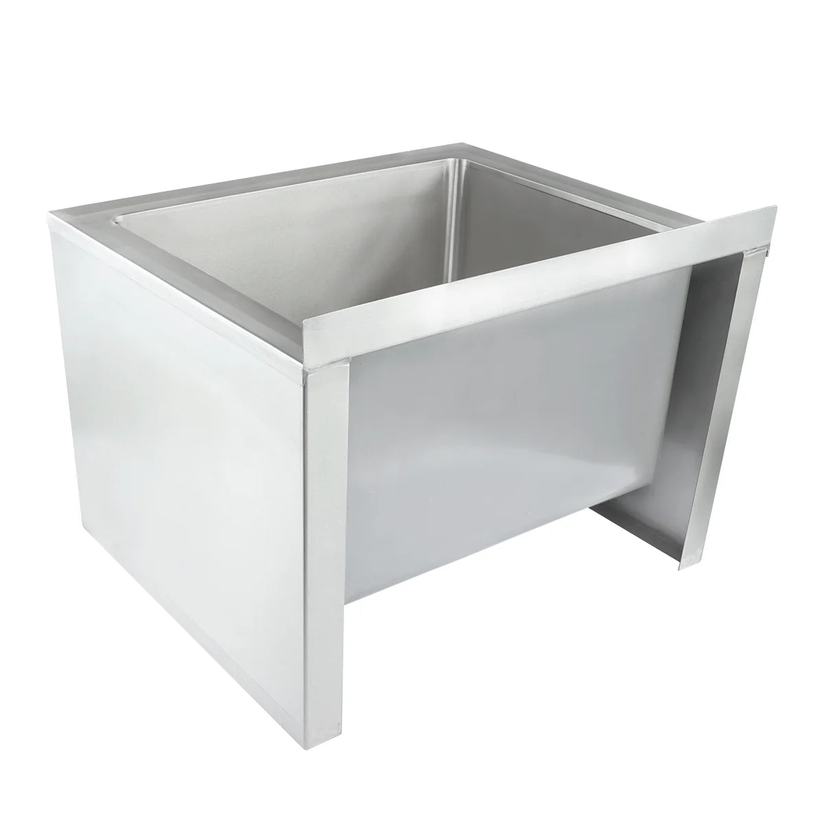 A large, rectangular stainless steel utility sink with deep basin and wide rim, supported by solid side and front panels. This NSF mop sink features an industrial, minimal design ideal for heavy-duty or commercial use, with no visible plumbing fixtures.