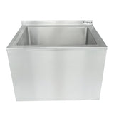 A stainless steel ice bin with a rectangular open top and smooth sides. The bin has a raised back splash, NSF certification, and features a small Empura brand label on the upper right corner. The clean surface is highly reflective.