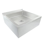A rectangular, stainless steel mop sink with a deep basin, flat edges, and a central circular drain cover with holes. The sink has a smooth, shiny finish, a short backsplash on one side, and is ideal for utility or janitorial use. Background is plain white.
