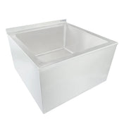 A large, deep, square stainless steel mop sink with smooth surfaces and rounded inner corners. Its flat rim and raised back edge offer backsplash protection. This industrial design is ideal for commercial kitchens or as an NSF mop sink.