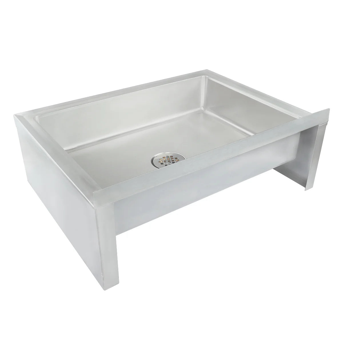 Stainless steel mop sink with an open front, rectangular shape, and flat, raised edges. This NSF mop sink features a central drain with a round metal cover and a sloped basin for efficient drainage. The space underneath is open for accessibility.