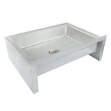Stainless steel mop sink with an open front, rectangular shape, and flat, raised edges. This NSF mop sink features a central drain with a round metal cover and a sloped basin for efficient drainage. The space underneath is open for accessibility.