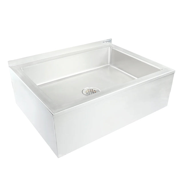 A large, rectangular NSF mop sink with a flat bottom and straight sides. This stainless steel mop sink features an integrated backsplash, a central circular drain with a perforated cover, and a smooth, reflective surface.