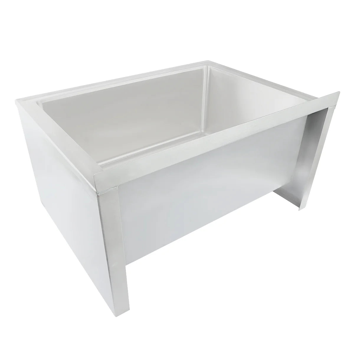 A rectangular, stainless steel mop sink with high sides and an open front. This NSF mop sink features smooth surfaces, a deep basin, and is built for heavy-duty use in industrial or commercial settings. The background is plain white.