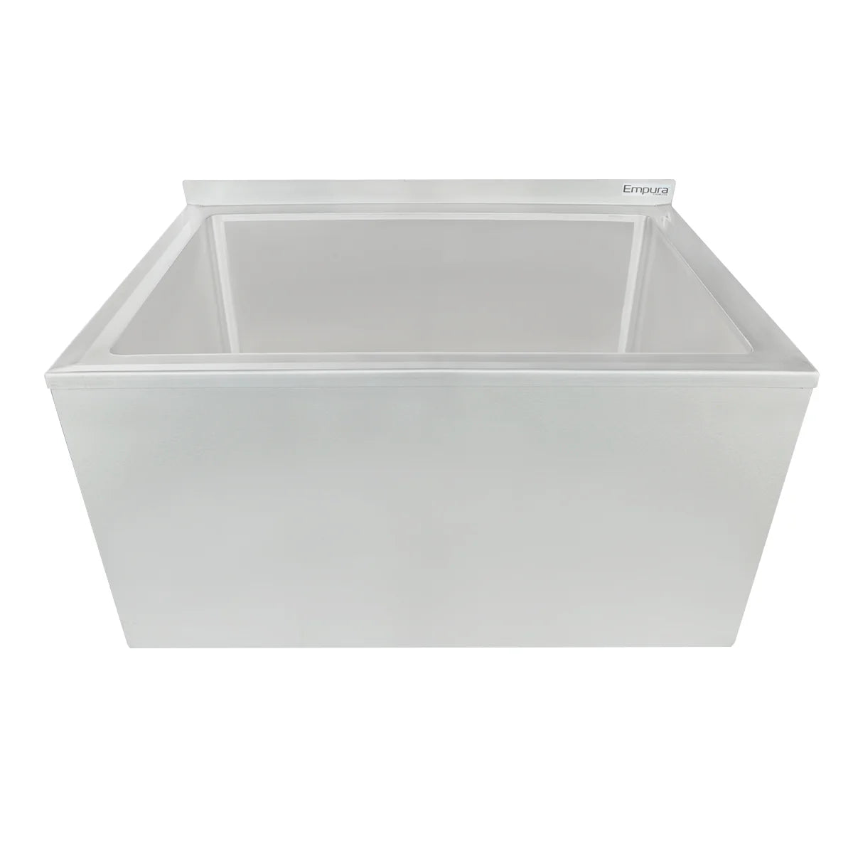 A large, rectangular, white chest freezer with a top-opening lid sits empty against a plain background. The Empura brand name appears on the upper right corner of the lid. Ideal for pairing with nearby utility items like a stainless steel mop sink.