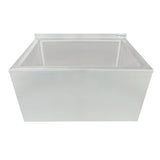 A large, rectangular, white chest freezer with a top-opening lid sits empty against a plain background. The Empura brand name appears on the upper right corner of the lid. Ideal for pairing with nearby utility items like a stainless steel mop sink.