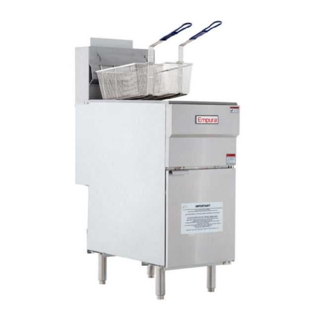 A commercial gas fryer with a stainless steel body stands on four legs. Two metal frying baskets with blue handles rest above the 40 lb capacity fryer. The front displays the Empura logo and an instruction label. The background is plain white.