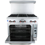 A stainless steel commercial kitchen gas range with six black burners, four front control knobs, and an open oven below showing two wire racks. The oven door is open, and the control panel is on the right side. Ideal for any busy natural gas oven setup.
