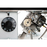 Close-up of a commercial gas fryer control panel showing a black temperature dial labeled from OFF to 400°F, next to a metallic gas valve assembly with labeled switches, wires, and metal pipes connected to this 40 lb capacity natural gas fryer.