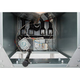 Close-up view of the interior of a commercial gas fryer, showing metal components, control wiring, a gas valve, burner tubes, and igniter. Electrical wires connect to controls as sturdy metal framing encloses the unit. Perspective is from the bottom front panel.