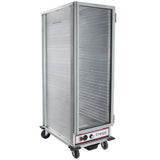 A full size, silver, rectangular commercial heating holding cabinet on wheels features a clear front door, multiple horizontal rack slots for up to 36 pan capacity, control knobs at the bottom, and the Empura brand name on the front panel.