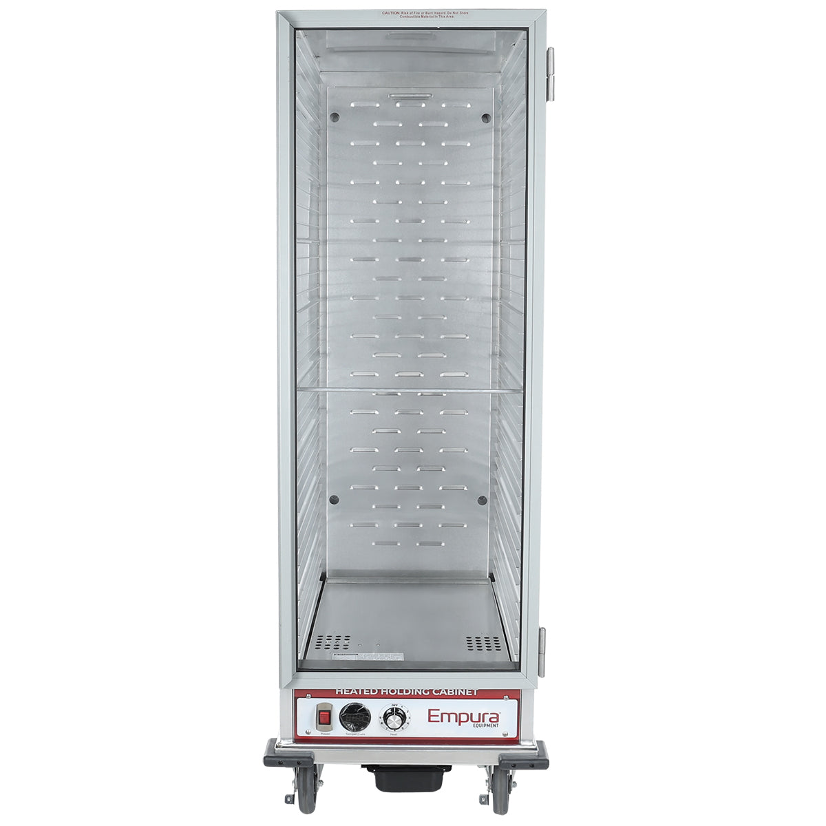 A tall, rectangular, silver heating holding cabinet with a clear glass front door. This full size unit features metal shelves and perforated side walls. The bottom control panel displays dials, switches, and the Empura brand name in red.