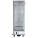 A tall, rectangular, silver heating holding cabinet with a clear glass front door. This full size unit features metal shelves and perforated side walls. The bottom control panel displays dials, switches, and the Empura brand name in red.