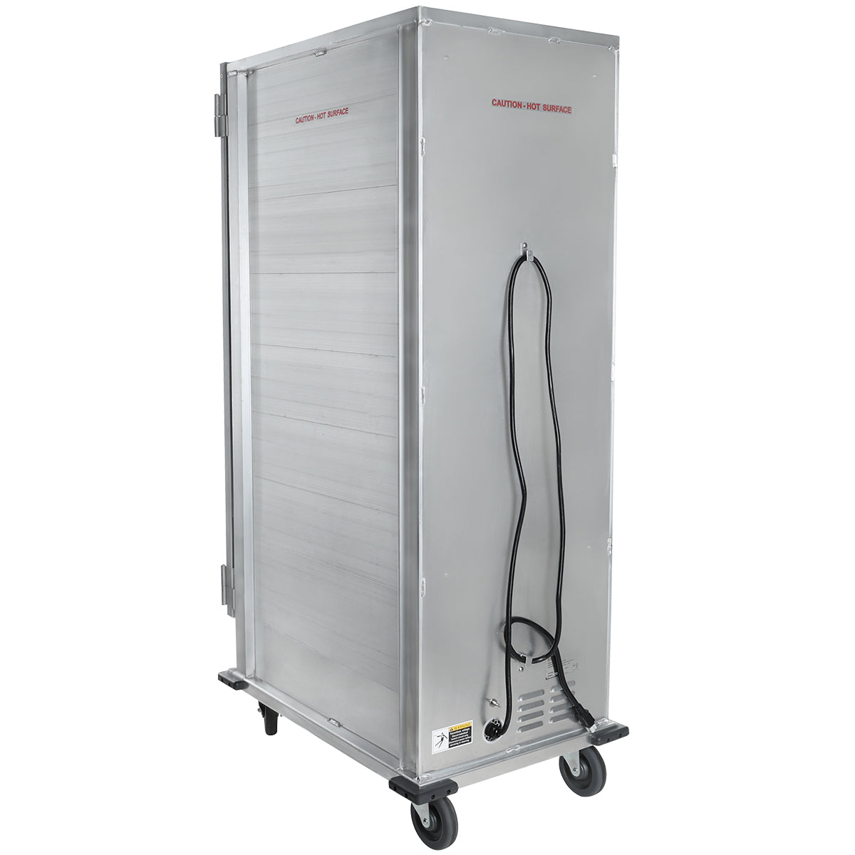 A full size, silver rectangular heating holding cabinet on four wheels with a 36 pan capacity, a black electrical cord hanging on the side, and warning labels including a red "Caution—Hot Surface" sign. It has a plain, industrial appearance.