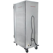 A full size, silver rectangular heating holding cabinet on four wheels with a 36 pan capacity, a black electrical cord hanging on the side, and warning labels including a red "Caution—Hot Surface" sign. It has a plain, industrial appearance.
