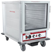 A stainless steel Empura Proofing Cabinet on wheels featuring a front glass door, multiple interior shelves with 12 pan capacity, three control knobs, power switch, and caution labels. Ideal for heating and proofing food.