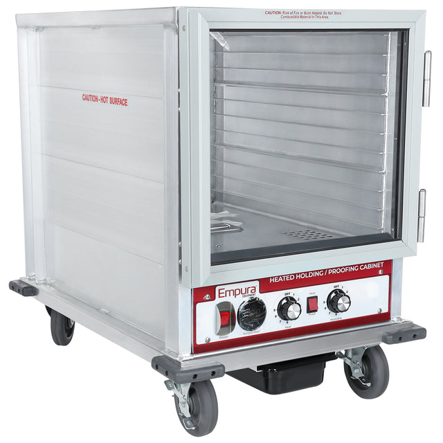 A stainless steel Empura Proofing Cabinet on wheels featuring a front glass door, multiple interior shelves with 12 pan capacity, three control knobs, power switch, and caution labels. Ideal for heating and proofing food.