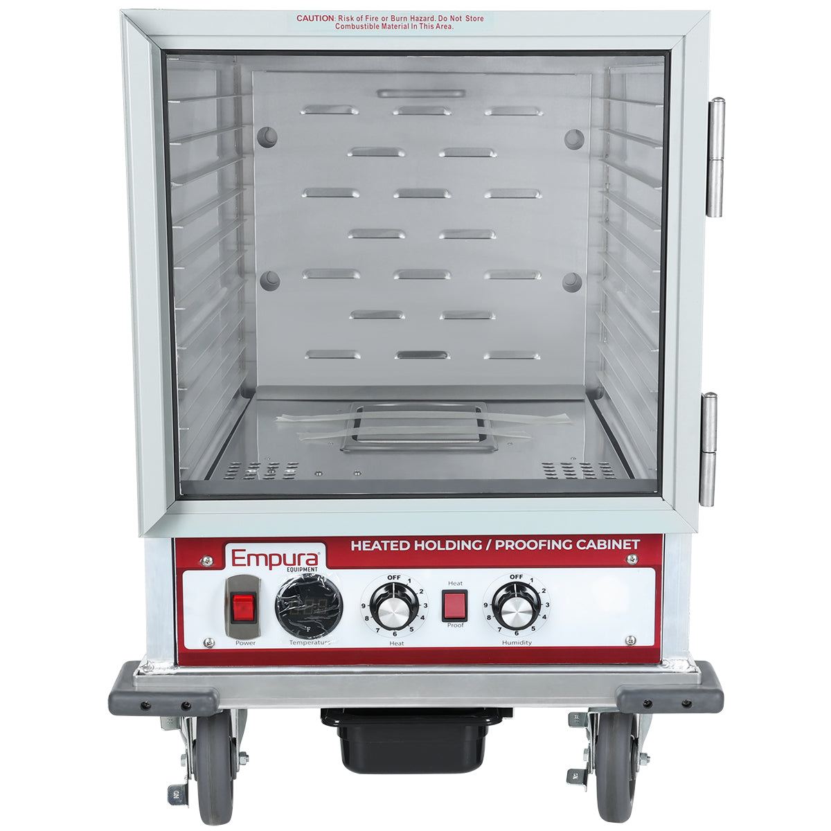 A stainless steel Heated Holding Cabinet with a 12 pan capacity, on wheels, featuring a clear glass door, vented interior shelves, and control knobs on the front labeled “Empura.” Includes a warning label on top and a black drip tray underneath.