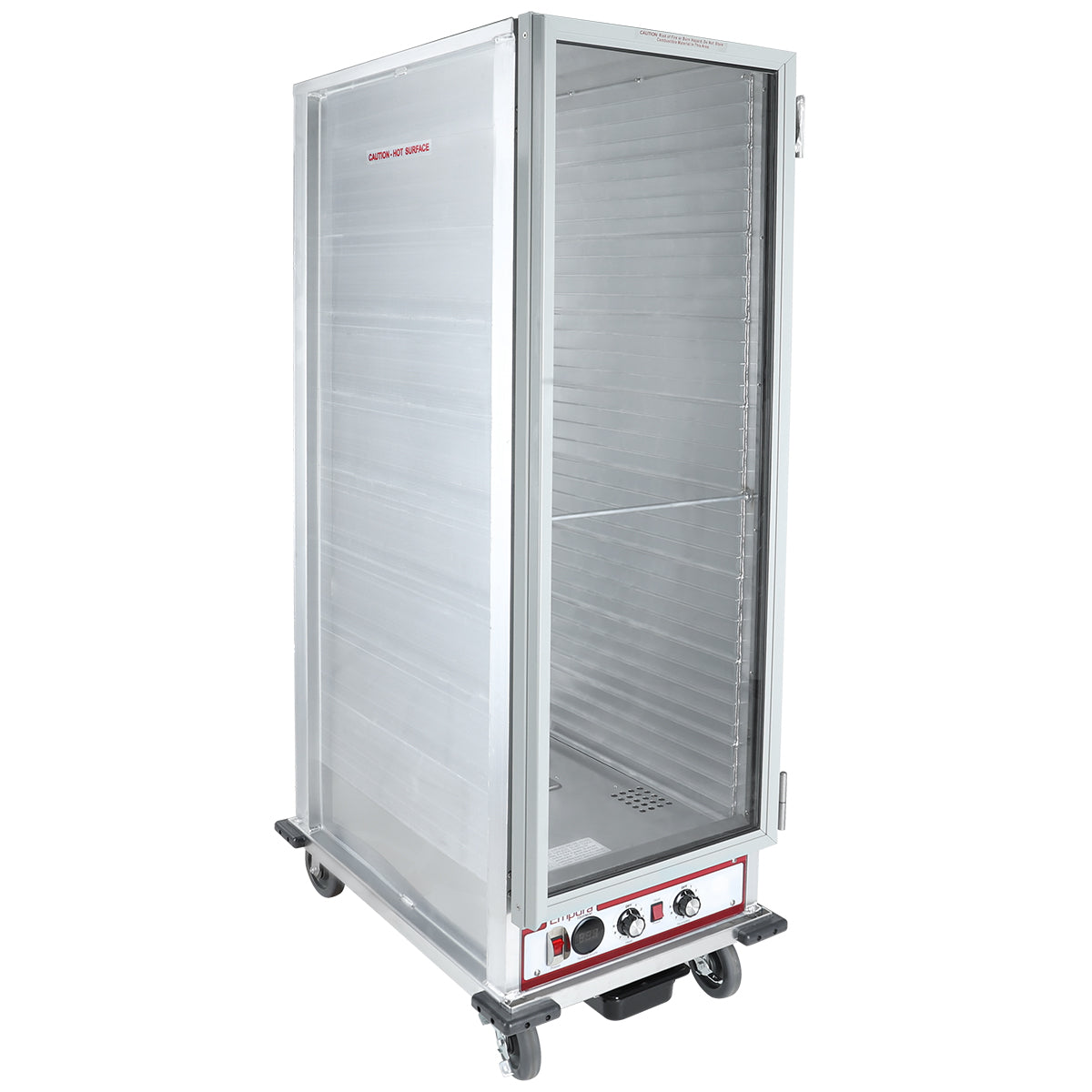 A tall, silver, full size heated holding cabinet with an open door, four caster wheels, and control knobs at the bottom front. The interior has rack supports for shelving, and a red label on the door reads CAUTION HOT SURFACE.