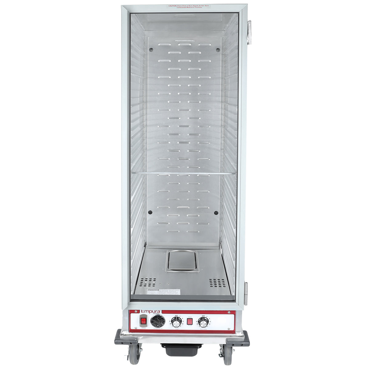 A full size, stainless steel heated holding cabinet with a clear front door. The interior offers perforated metal sides and one wire shelf, while the bottom includes red and black control knobs, switches, vents, and caster wheels.