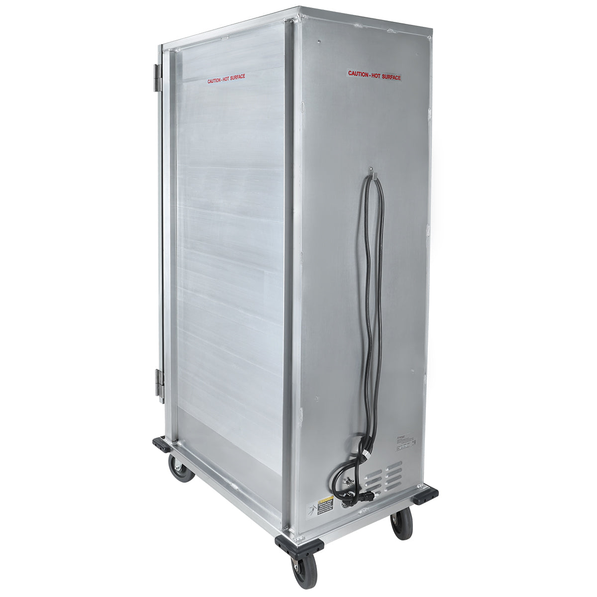 A large, metallic, full size proofing cabinet on four black wheels with a side door. Two cables hang on the right. CAUTION - HOT SURFACE is printed in red on top and side. The heated holding cabinet features ventilation slots and a caution label near the bottom.