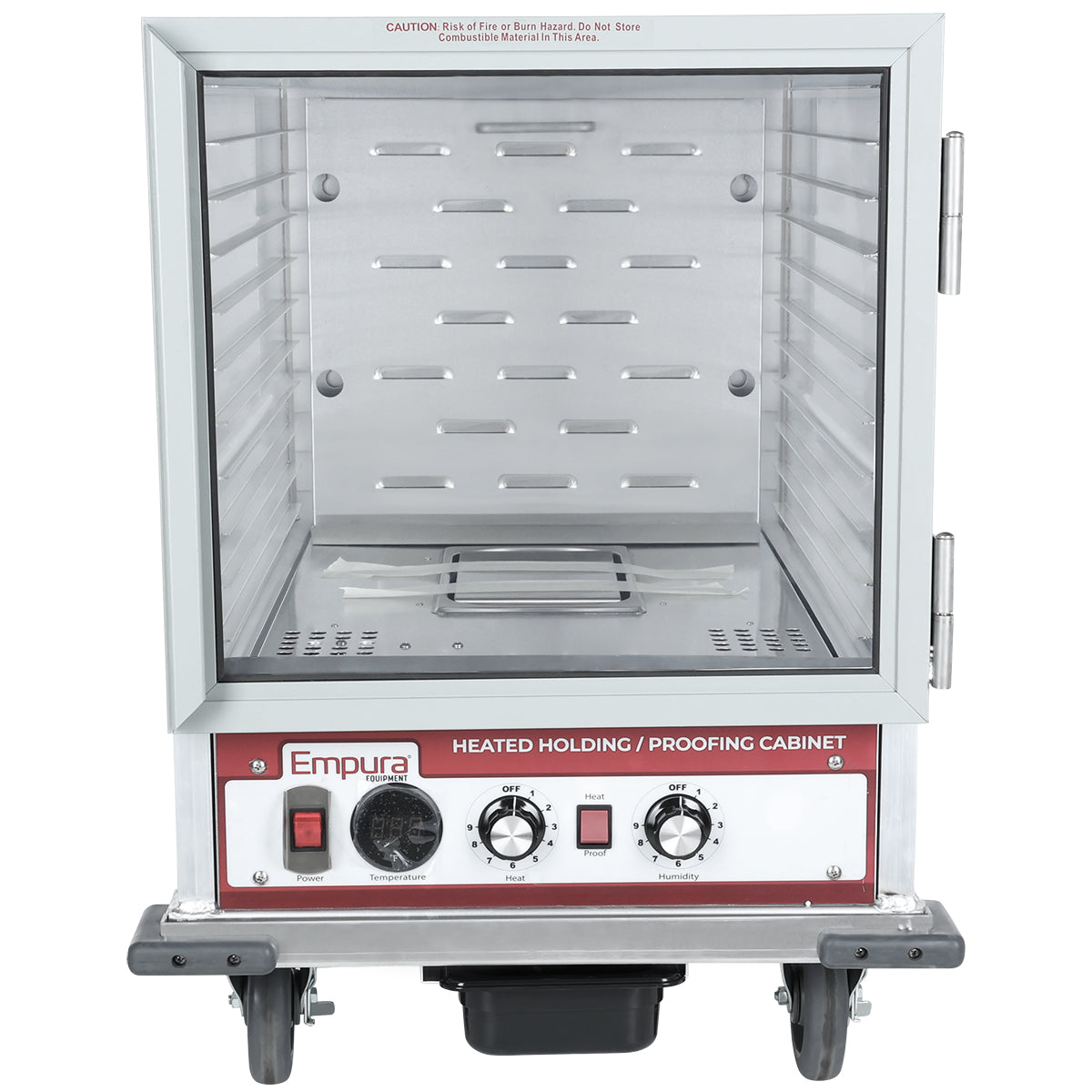 A half size stainless steel proofers and heated cabinet by Empura with a glass door, control knobs, a temperature gauge, and warning label. It stands on four wheels, features metal shelves inside, a removable tray at the bottom, and 12 pan capacity.