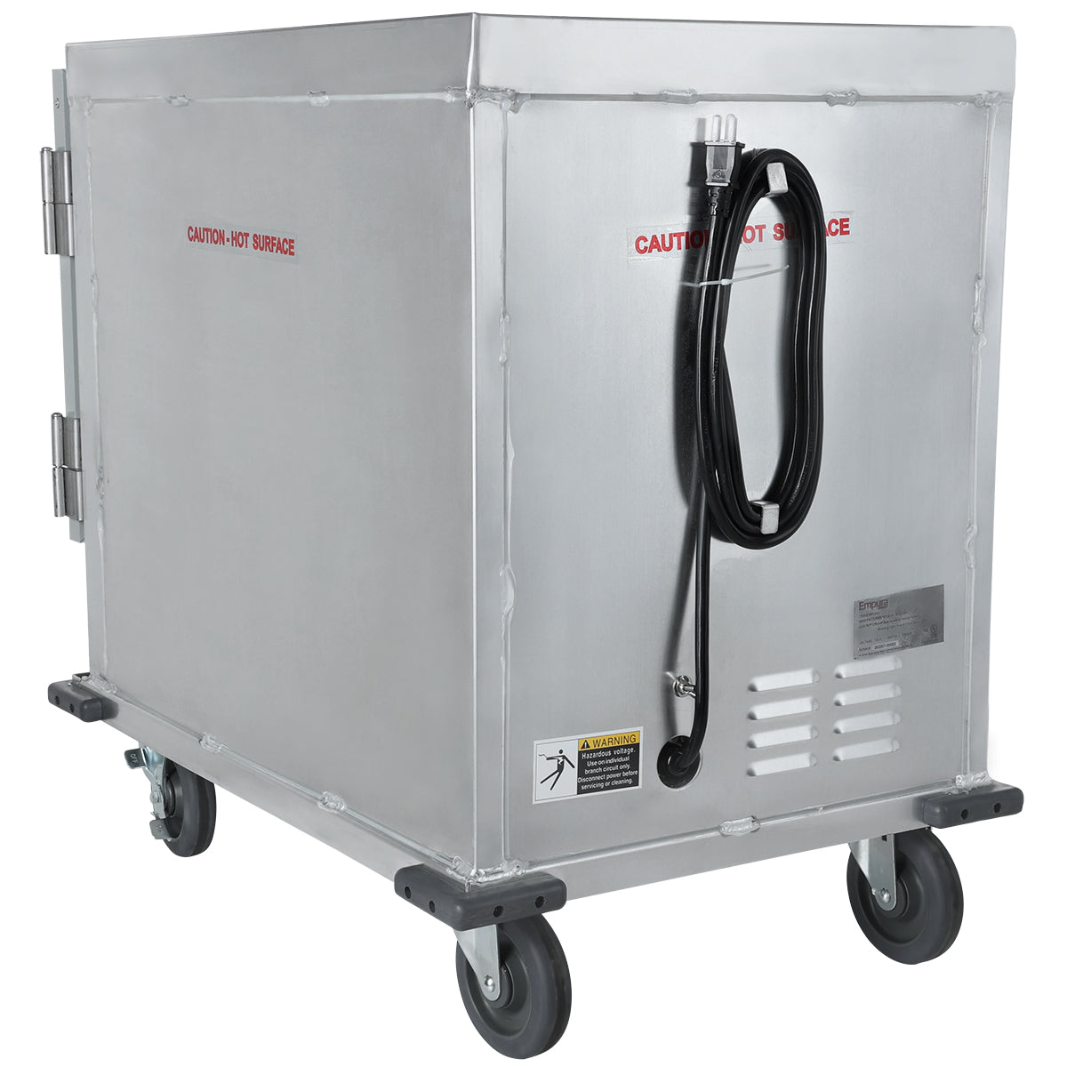 A large, rectangular, silver metal proofers and heated cabinet cart with four gray caster wheels and a hinged door. The half size cart features reinforced corners, a 12 pan capacity, and a warning label near the coiled black power cord on the front.