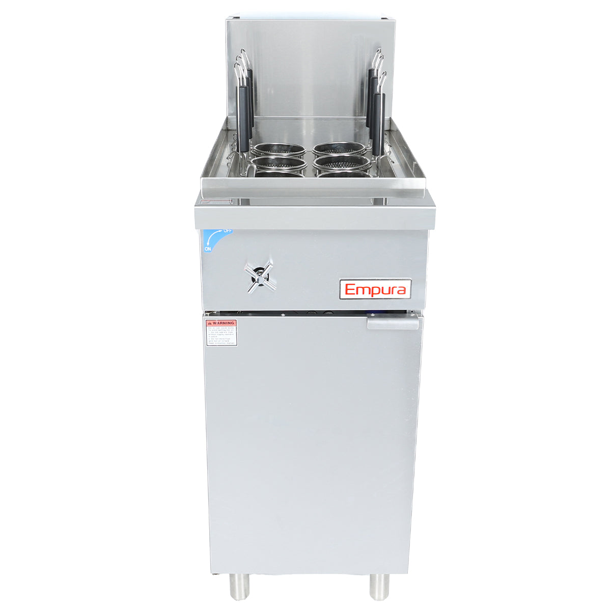 A commercial pasta cooker with a front door, four round baskets, control knob, and safety instructions label. This stainless steel unit stands on four legs and features a clean, industrial design ideal for restaurant kitchens.