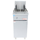 A stainless steel commercial pasta cooker with four round baskets, a front door, and an Empura logo. This natural gas unit features a control knob, sturdy legs, and a protective backsplash, perfect for use in busy restaurant kitchens.