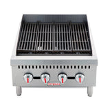 The Empura charbroiler is a heavy duty gas charbroiler with three control knobs, black grates, and red indicators. This stainless steel countertop charbroiler sits on four short legs and displays the Empura brand name on its front panel.