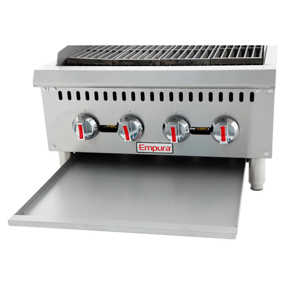 A countertop charbroiler with knobs and a lid, perfect for grilling.
