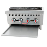 A countertop charbroiler with knobs and a lid, perfect for grilling.