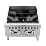 The Empura charbroiler is a heavy duty gas charbroiler with three control knobs, black grates, and red indicators. This stainless steel countertop charbroiler sits on four short legs and displays the Empura brand name on its front panel.