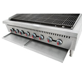A commercial stainless steel heavy duty gas charbroiler with six control knobs, two metal shelves below, and a large grill grate on top. The grill features a modern, industrial design and is elevated on sturdy legs for lasting performance.